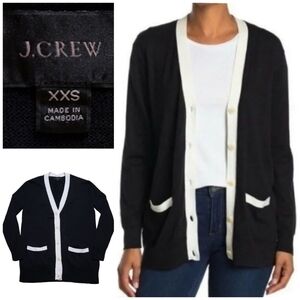 J. Crew Black & White Trim Front Pockets Button Down Cardigan Sweater Sz XXS